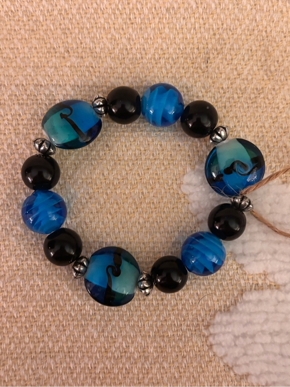 Blue and Black Glass Bead Stretch Bracelet